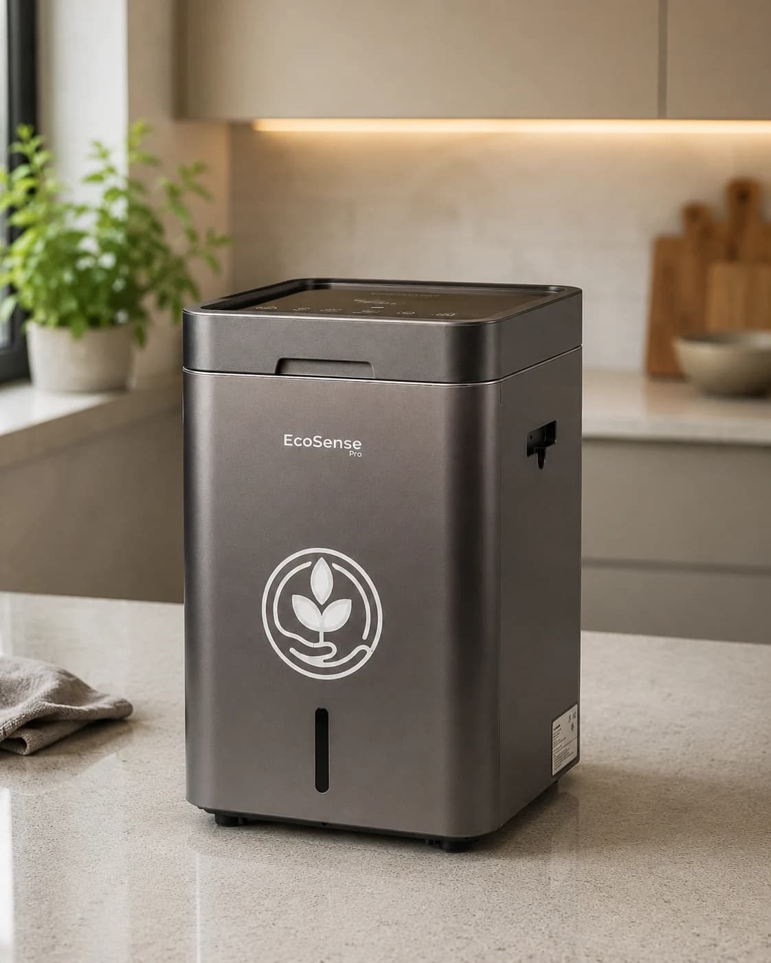 An EcoSense Pro at home on a kitchen counter in Silver, the dark graphite finish