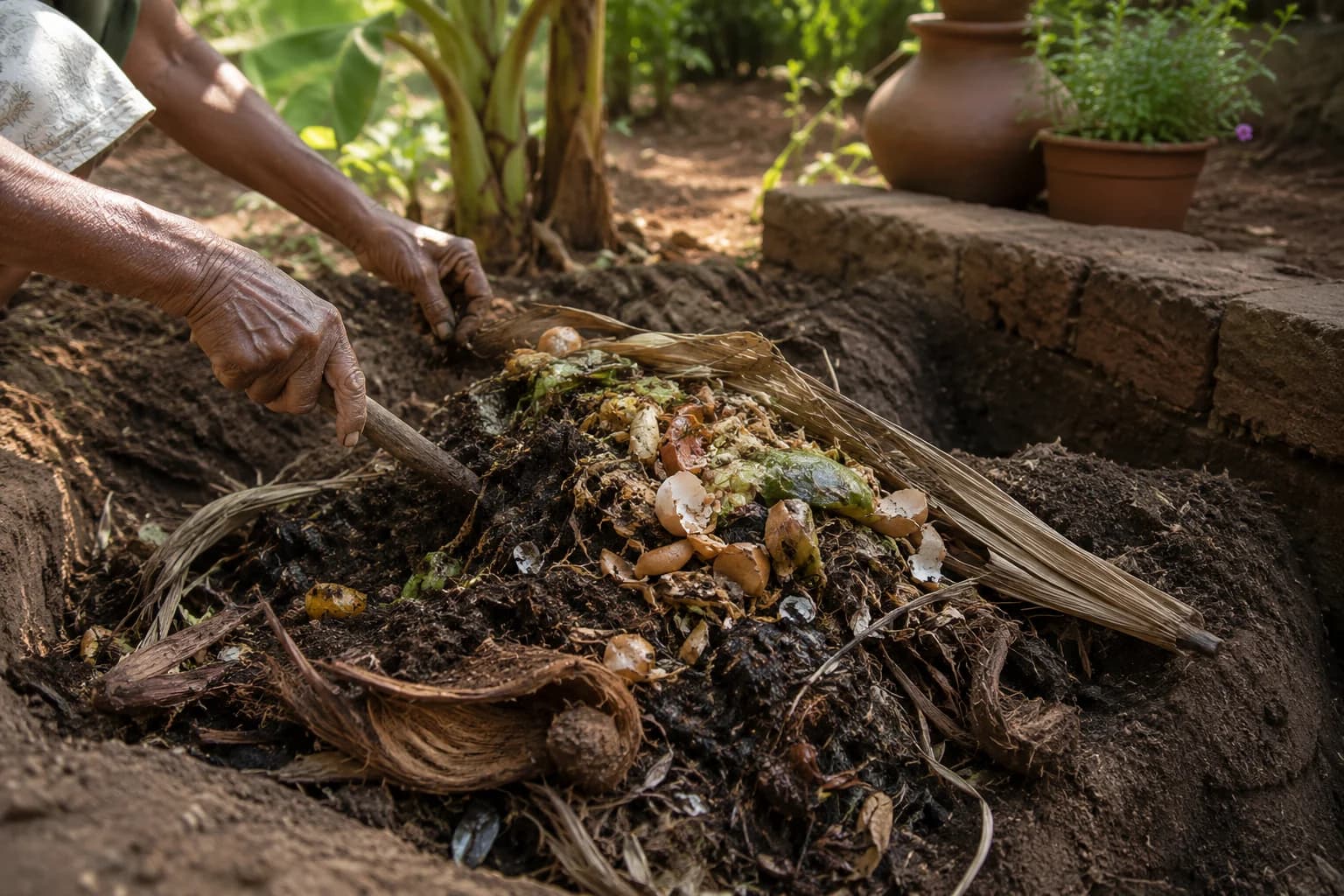 Traditional home composting being turned by hand in a South Indian garden