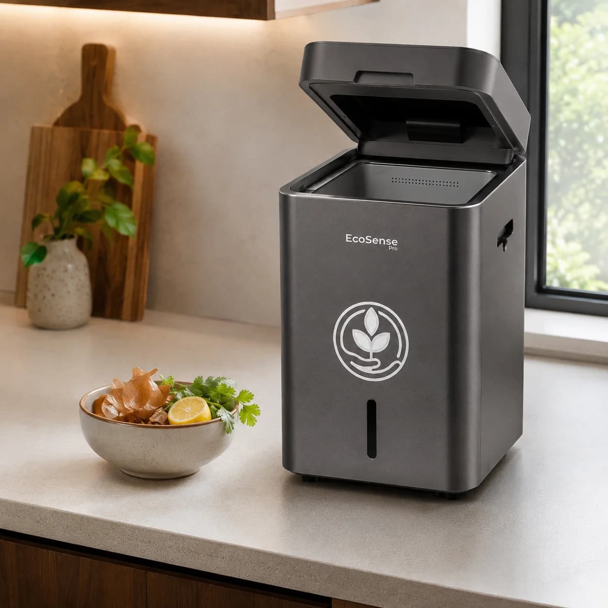 An EcoSense Pro on a kitchen counter beside a bowl of food scraps