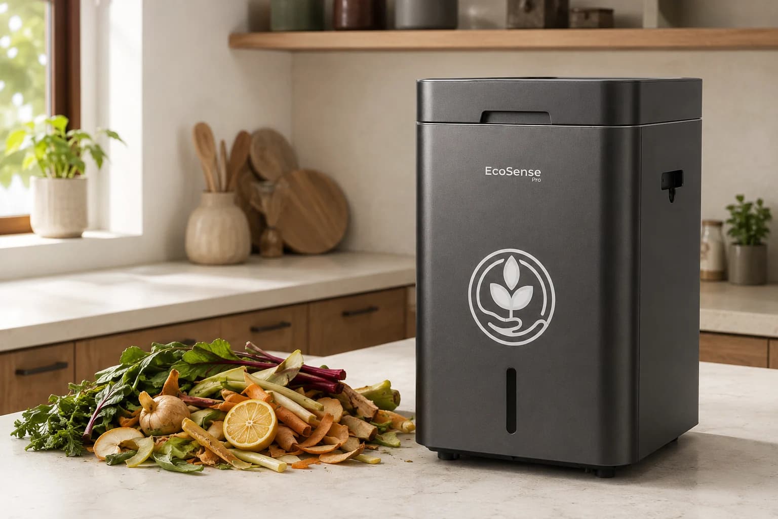 An EcoSense Pro on a kitchen counter beside the day's food scraps